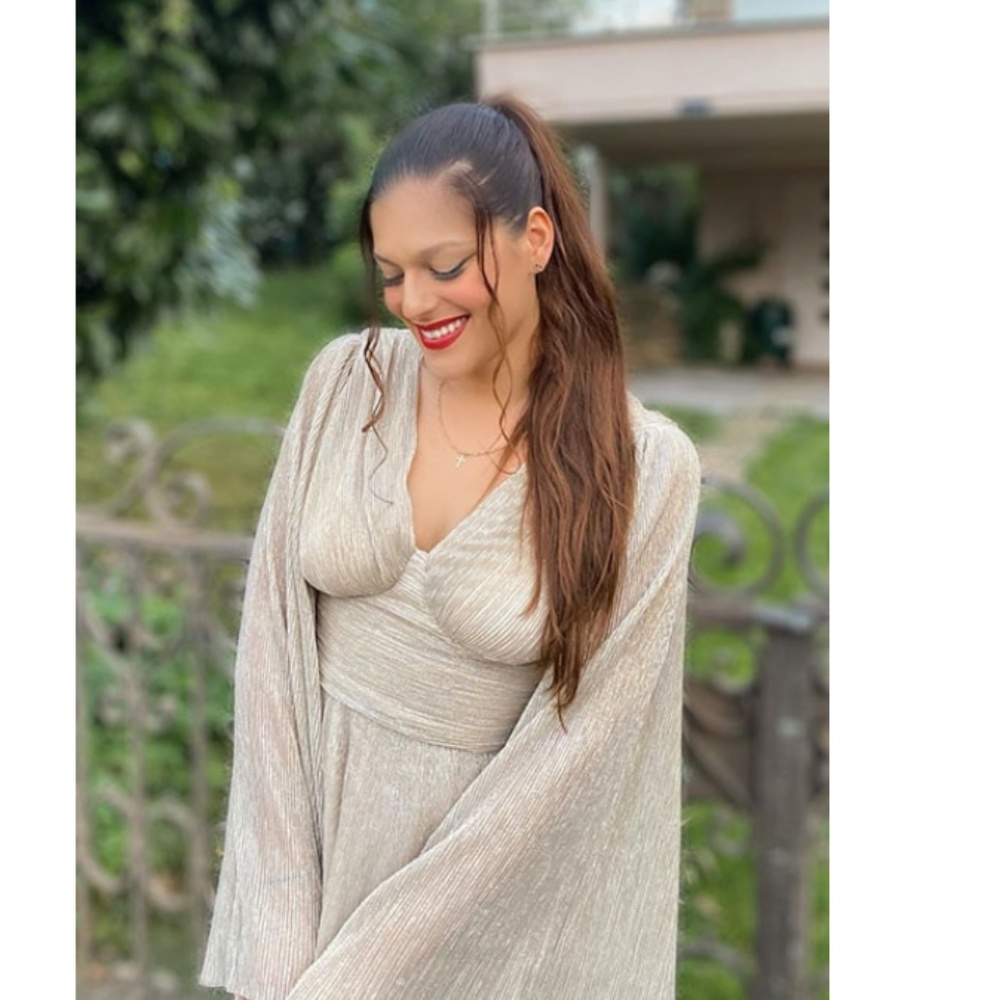 Champagne Beige Mini Dress Flared Bell Long Sleeve Fitted Waist - Picture 10 of 12